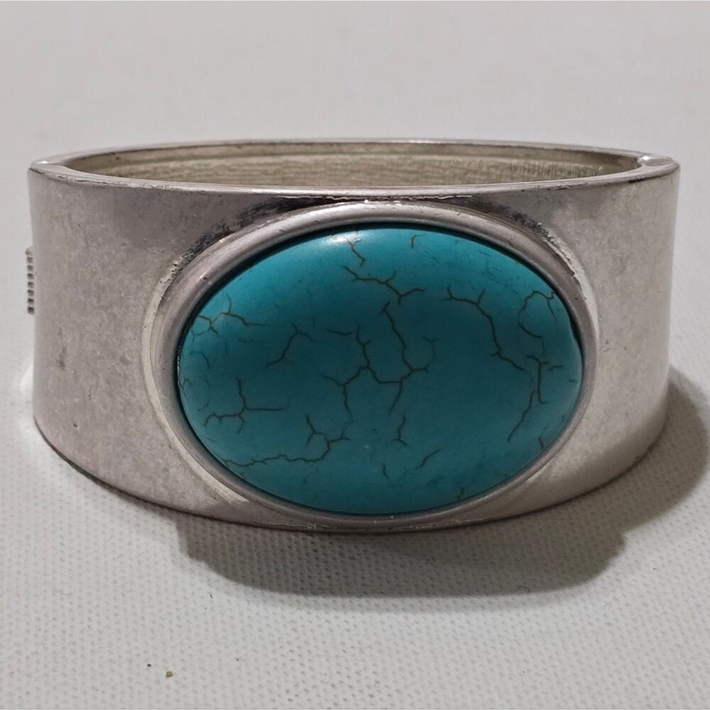 Vintage Turquoise And Silver Statement Large Hing… - image 4